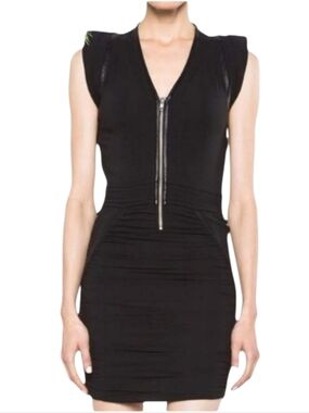 IRO Jadela Black Silk Leather Trim Ruched Zip Mini Dress Sz 4